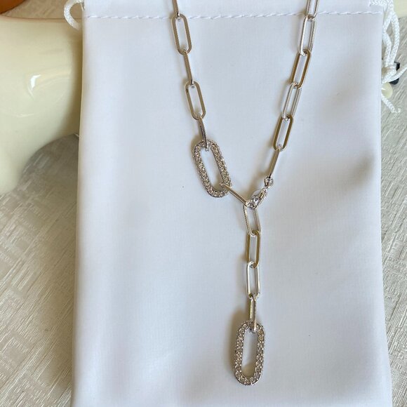 FAC Crystal Chain Link Lariat Style Necklace Silver Tone - Picture 2 of 8